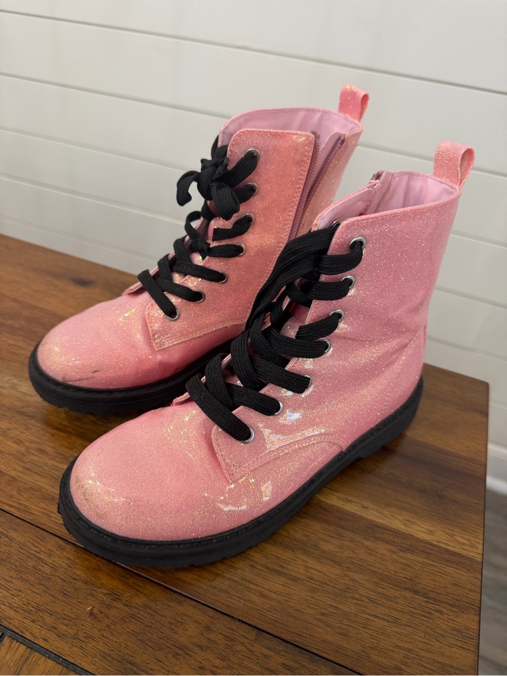 Girls Pink Glitter Combat Boots with Black Laces